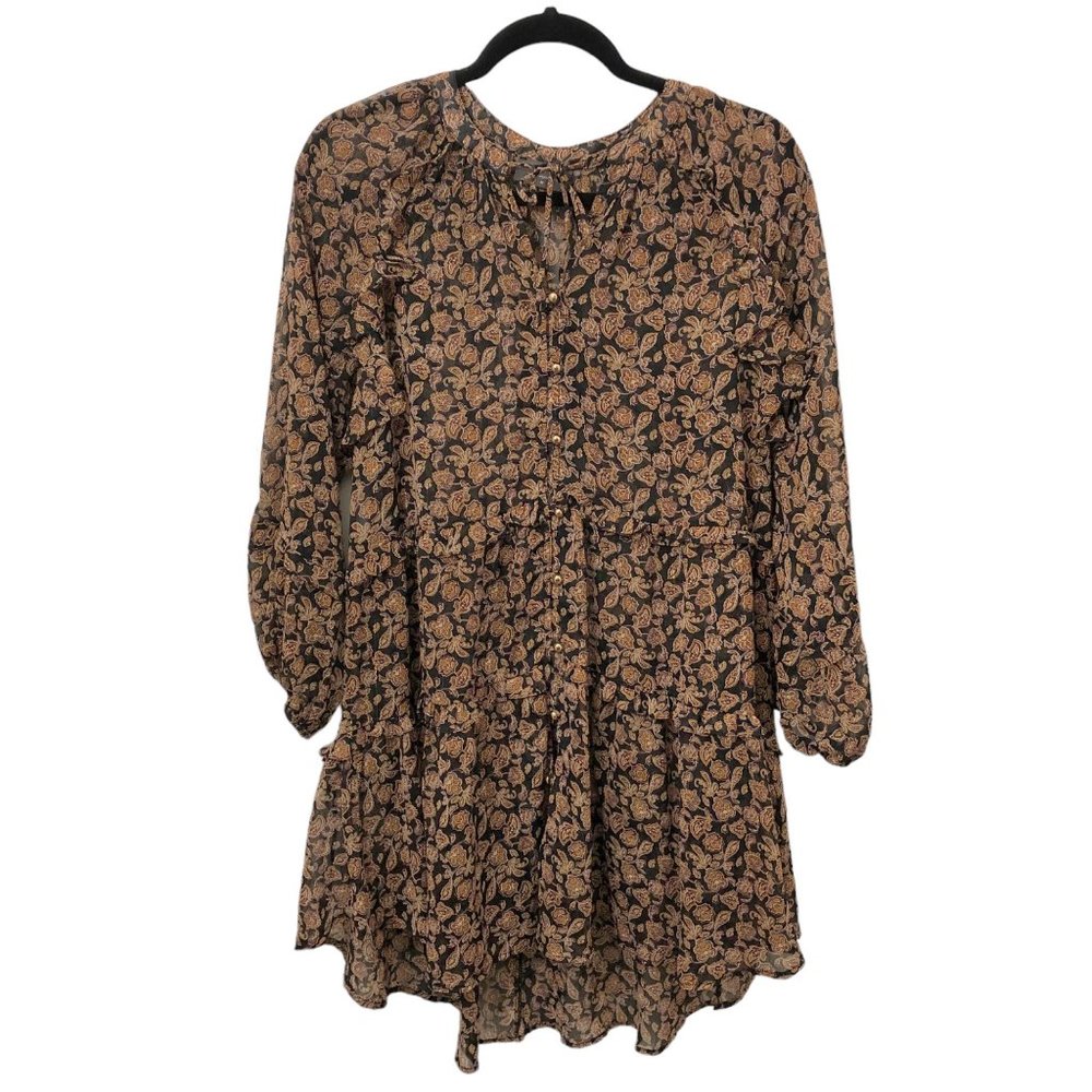 Dress Forum Brown Floral Ruffle Tiered Long Sleeve Dress M